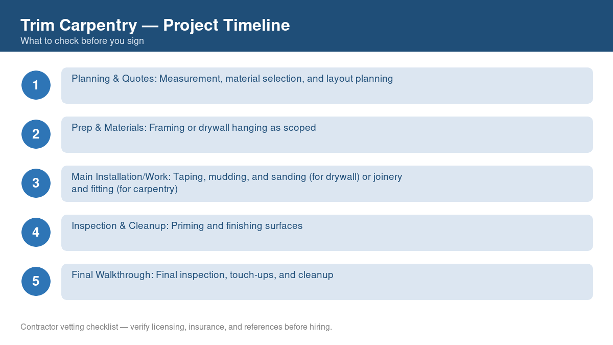 Checklist showing the typical project timeline for trim carpentry