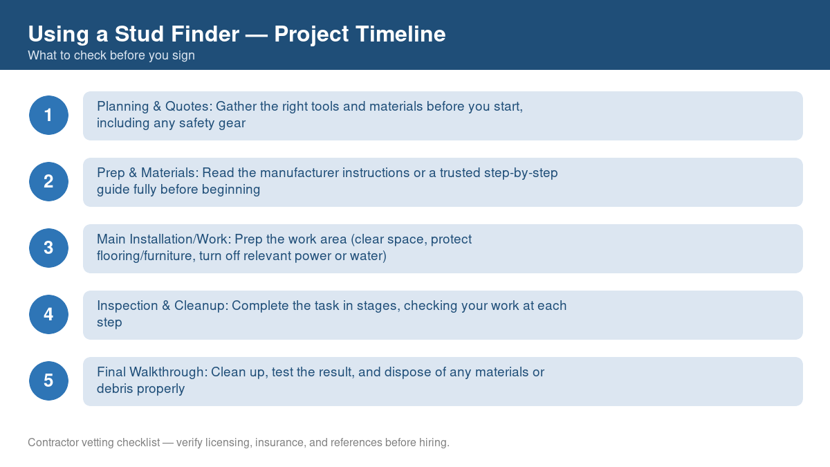 Checklist showing the typical project timeline for using a stud finder
