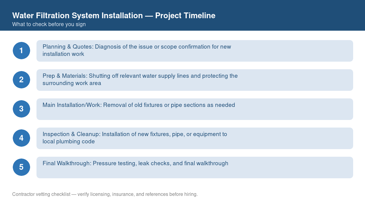 Checklist showing the typical project timeline for water filtration system installation