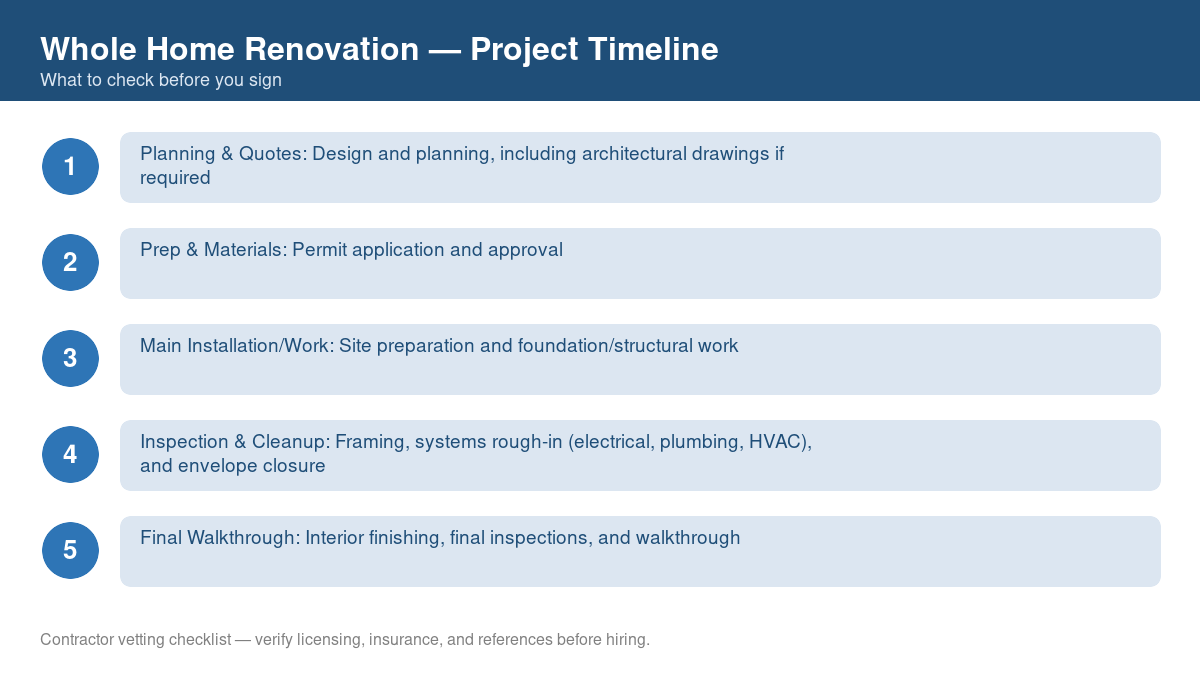Checklist showing the typical project timeline for whole home renovation