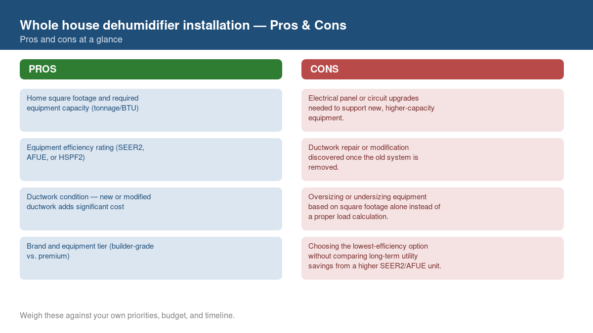 Pros and cons comparison chart for whole house dehumidifier installation