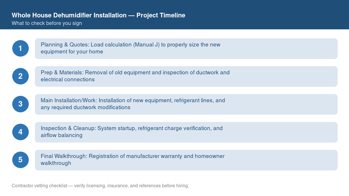Checklist showing the typical project timeline for whole house dehumidifier installation