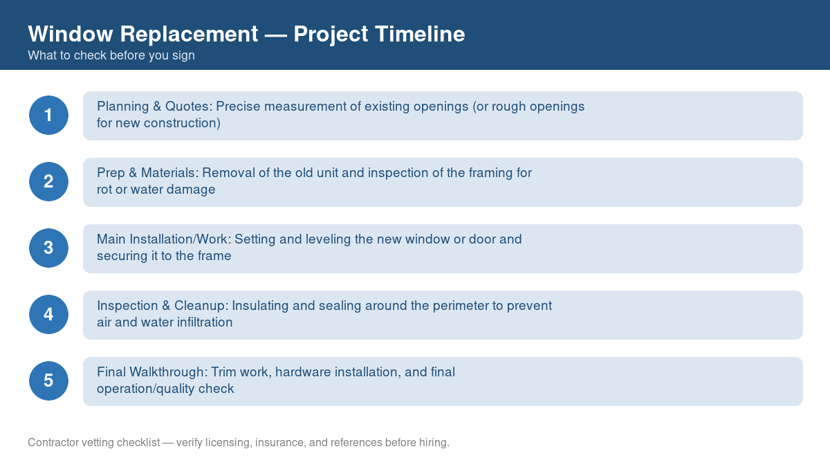 Checklist showing the typical project timeline for window replacement