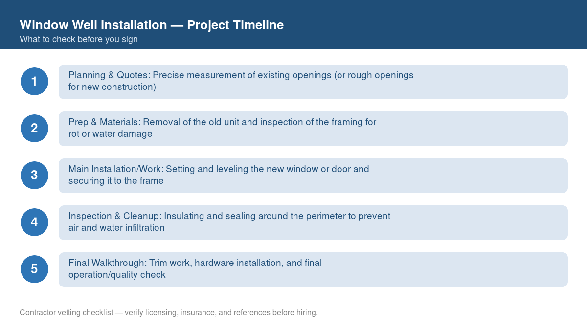 Checklist showing the typical project timeline for window well installation