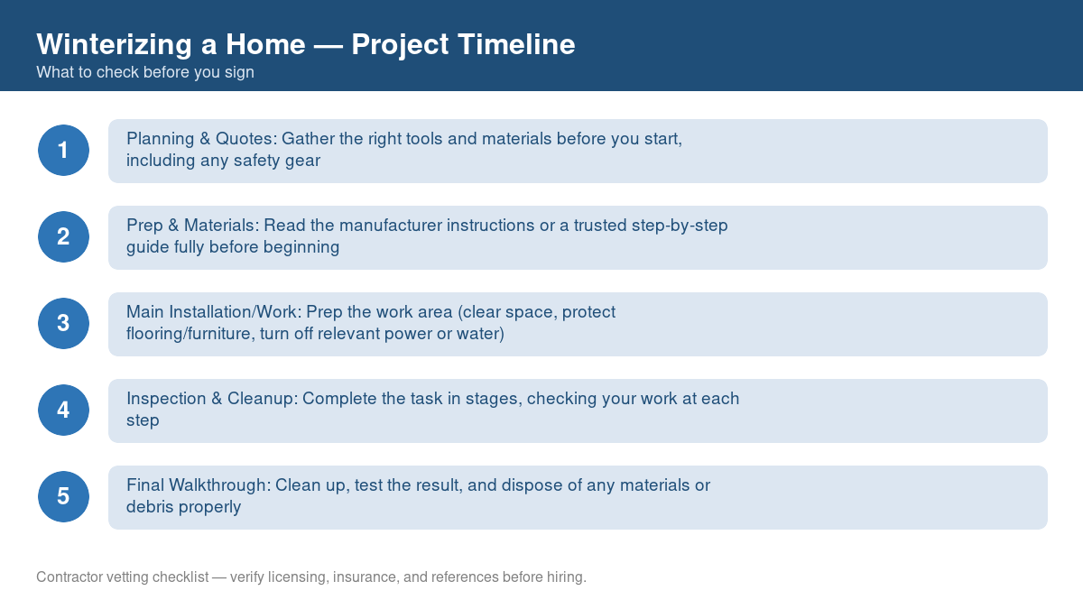 Checklist showing the typical project timeline for winterizing a home