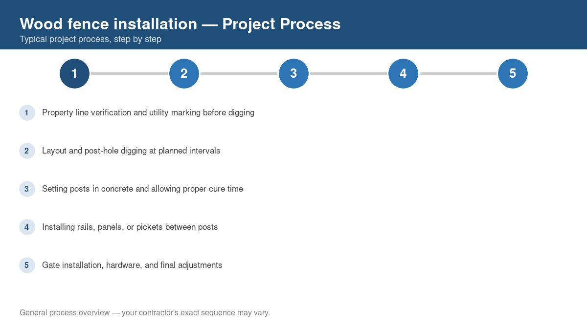 Step-by-step diagram of the typical process for wood fence installation