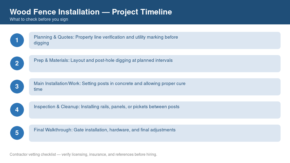 Checklist showing the typical project timeline for wood fence installation