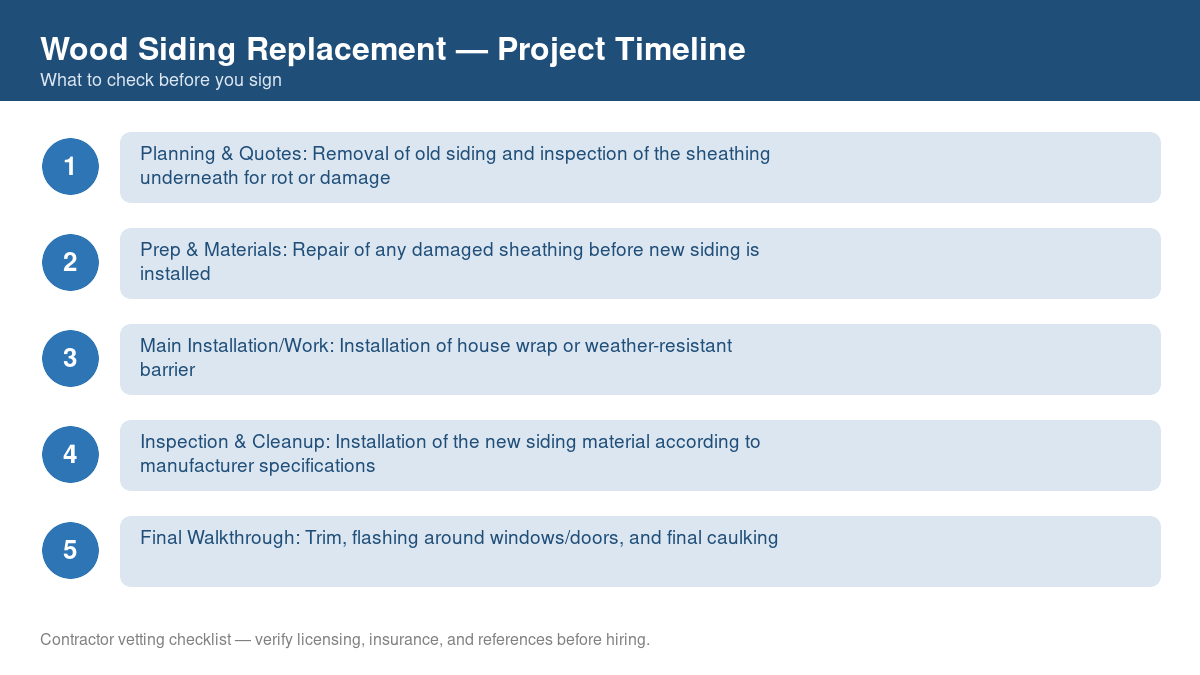 Checklist showing the typical project timeline for wood siding replacement