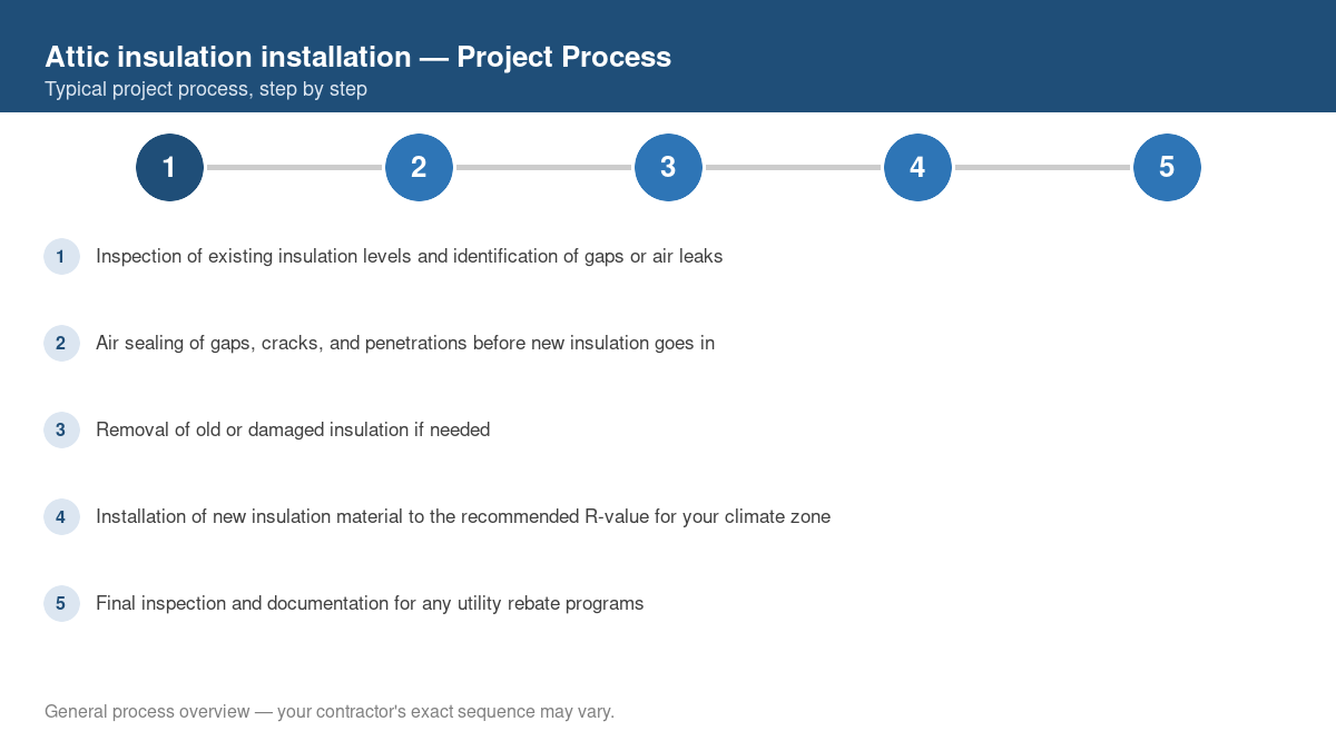 Step-by-step diagram of the typical process for attic insulation installation