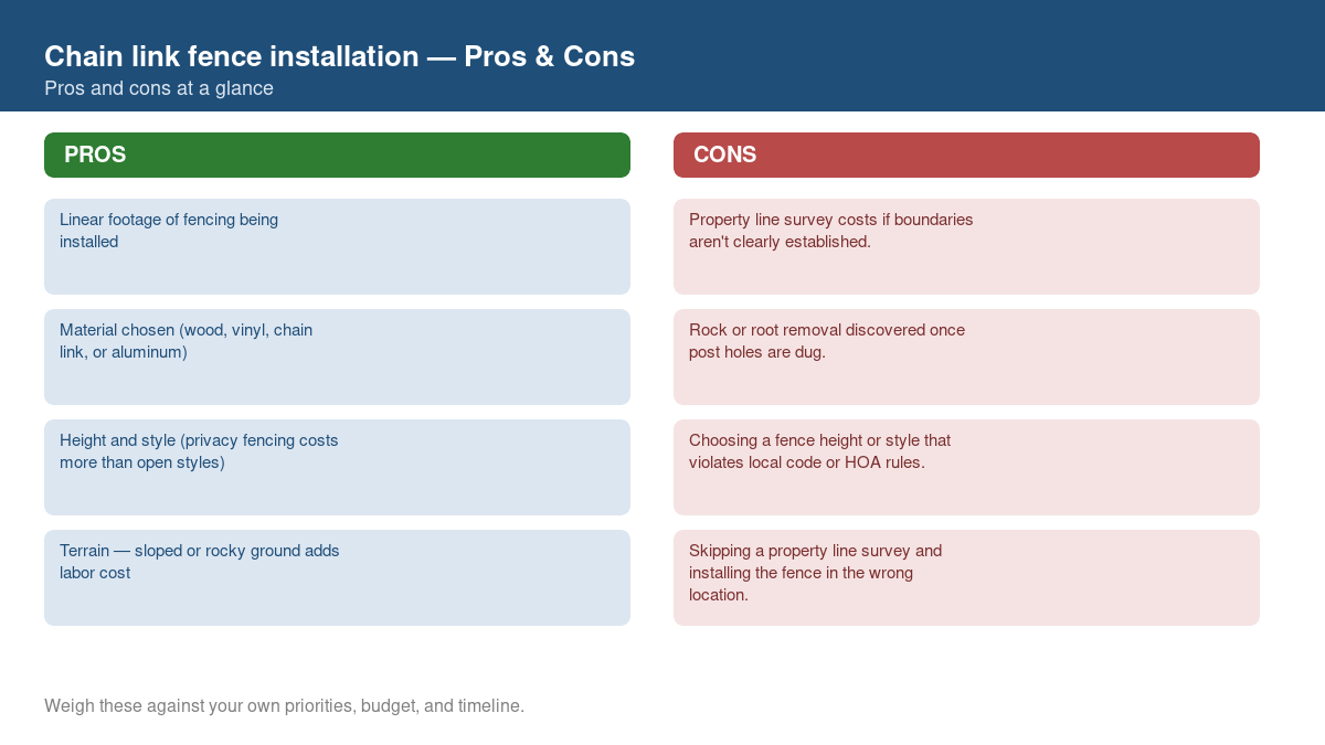 Pros and cons comparison chart for chain link fence installation