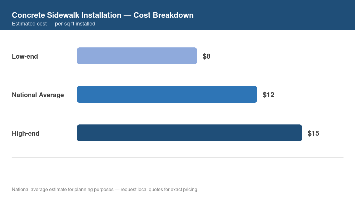 Bar chart showing low, average, and high cost estimates for concrete sidewalk installation in 2026