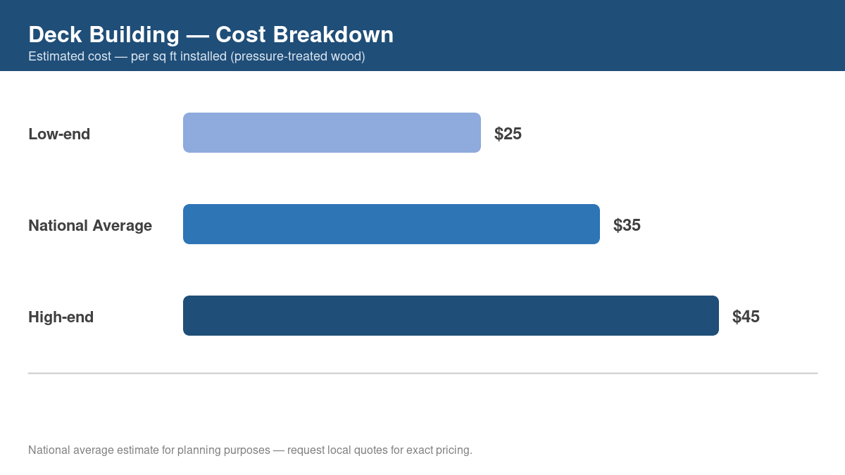 Bar chart showing low, average, and high cost estimates for deck building in 2026