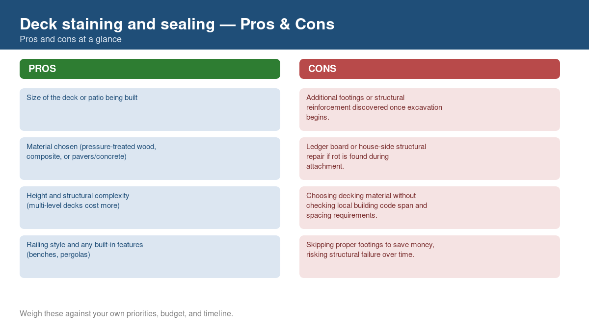 Pros and cons comparison chart for deck staining and sealing