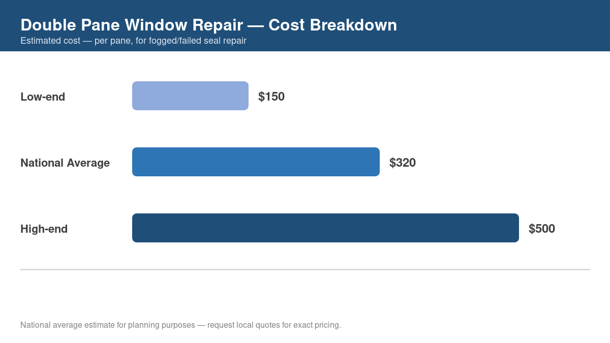 Bar chart showing low, average, and high cost estimates for double pane window repair in 2026