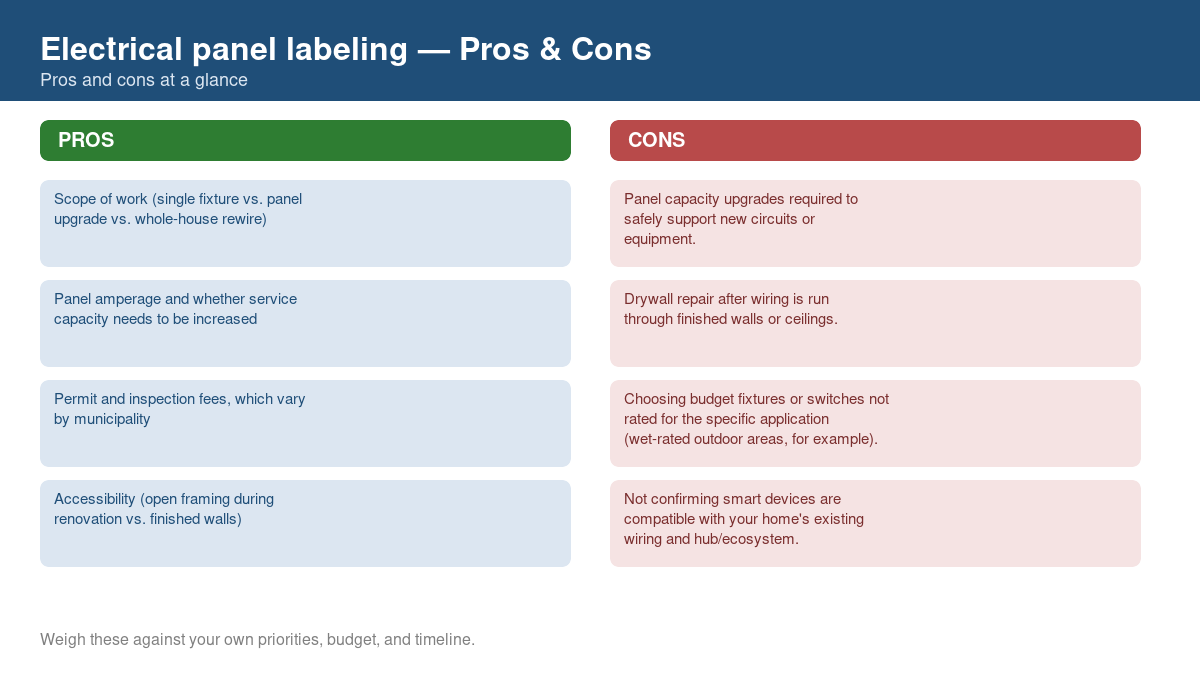 Pros and cons comparison chart for electrical panel labeling