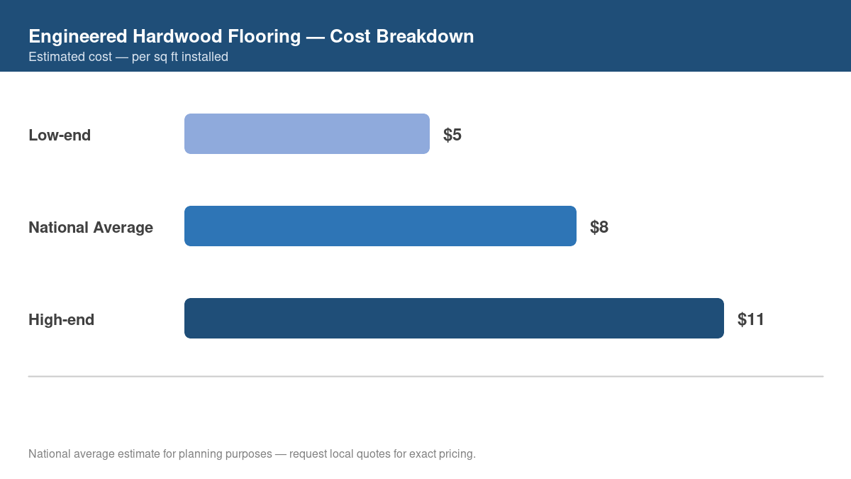 Bar chart showing low, average, and high cost estimates for engineered hardwood flooring in 2026