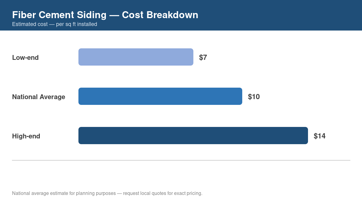Bar chart showing low, average, and high cost estimates for fiber cement siding in 2026