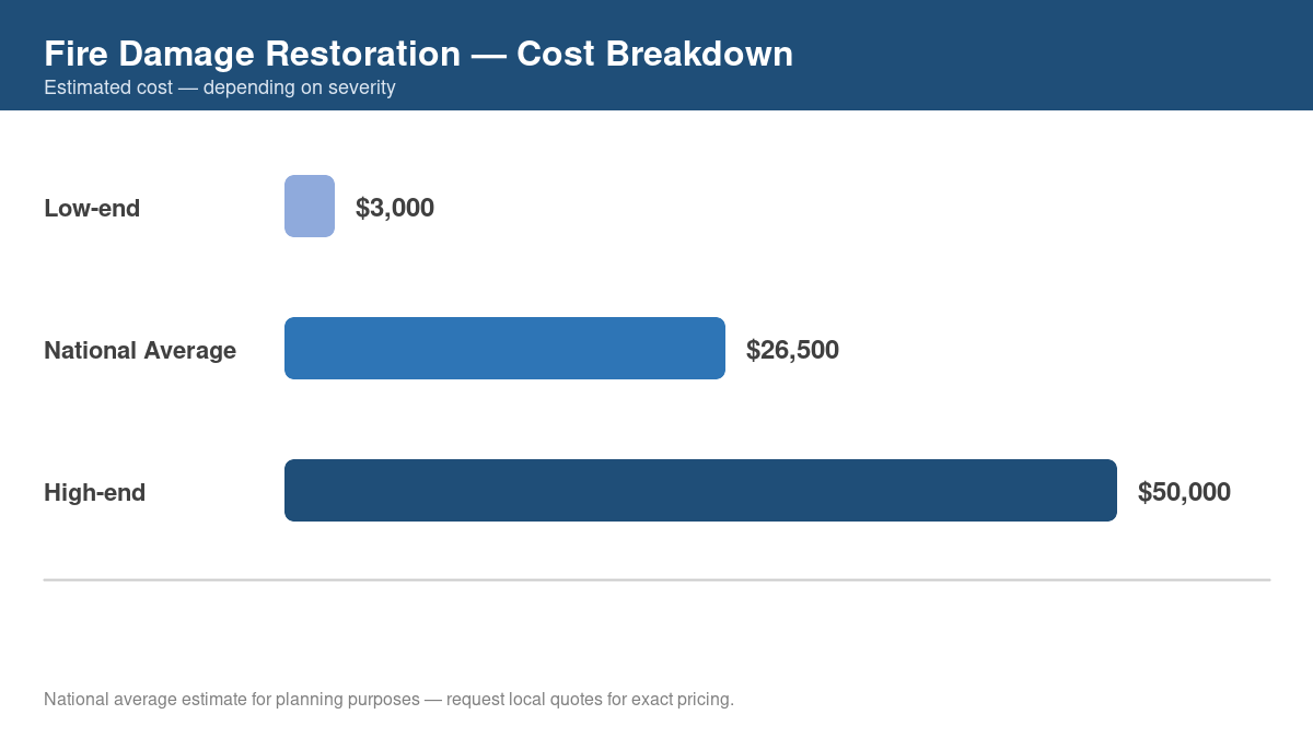 Bar chart showing low, average, and high cost estimates for fire damage restoration in 2026