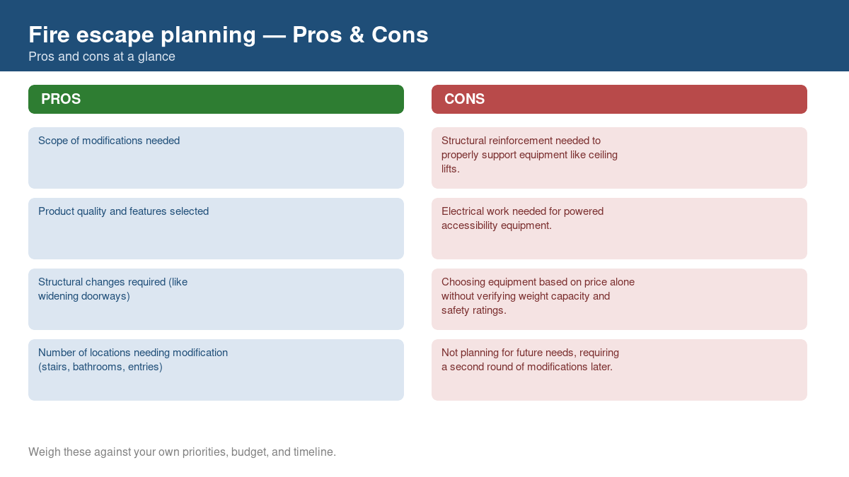 Pros and cons comparison chart for fire escape planning