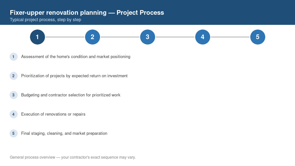 Step-by-step diagram of the typical process for fixer-upper renovation planning