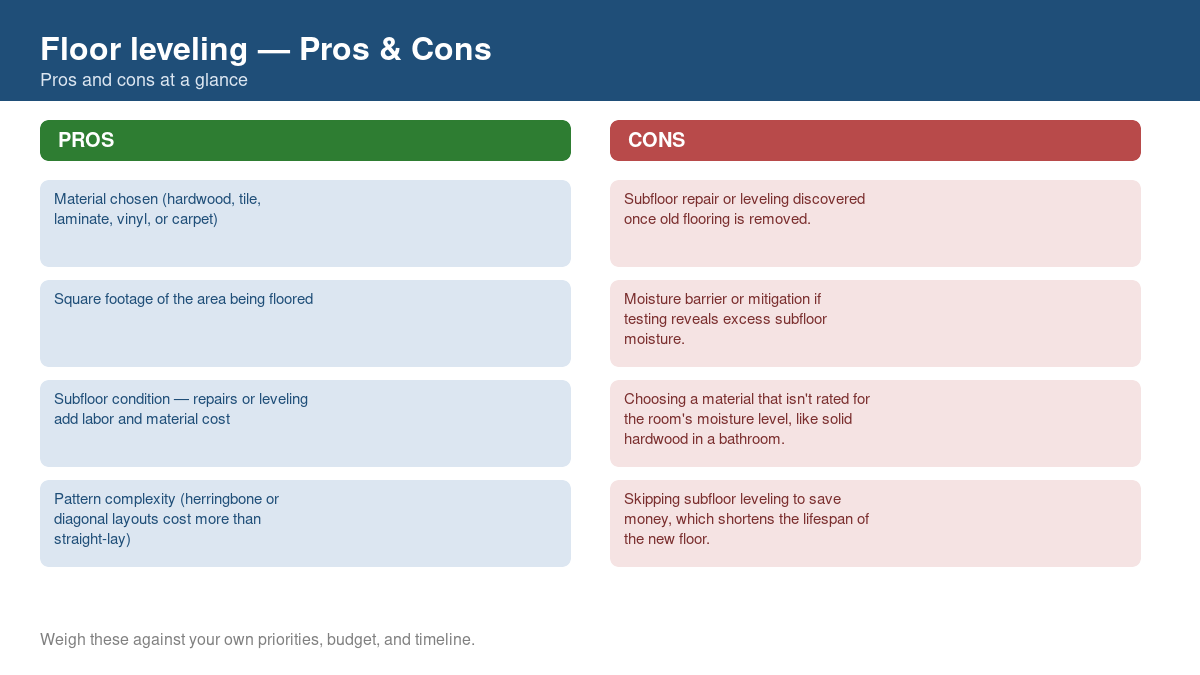 Pros and cons comparison chart for floor leveling