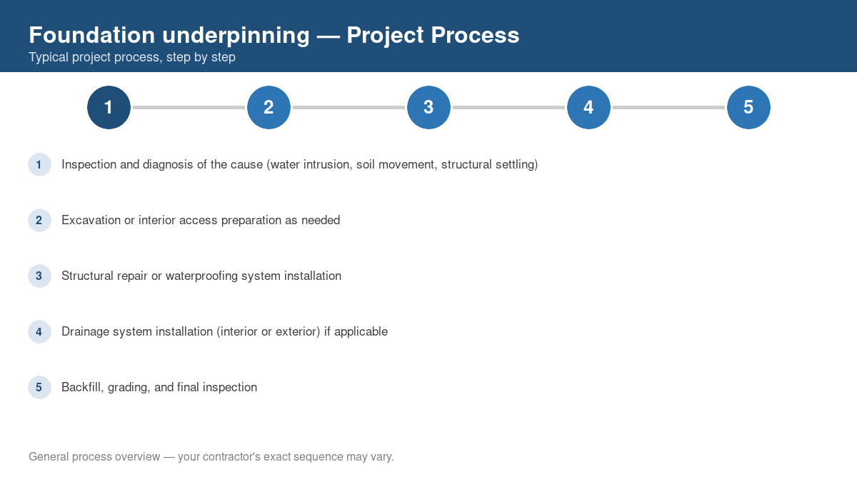 Step-by-step diagram of the typical process for foundation underpinning