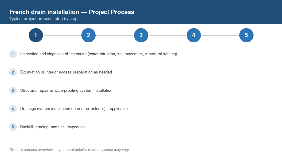 Step-by-step diagram of the typical process for french drain installation