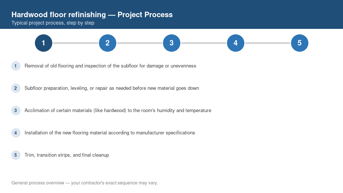 Step-by-step diagram of the typical process for hardwood floor refinishing