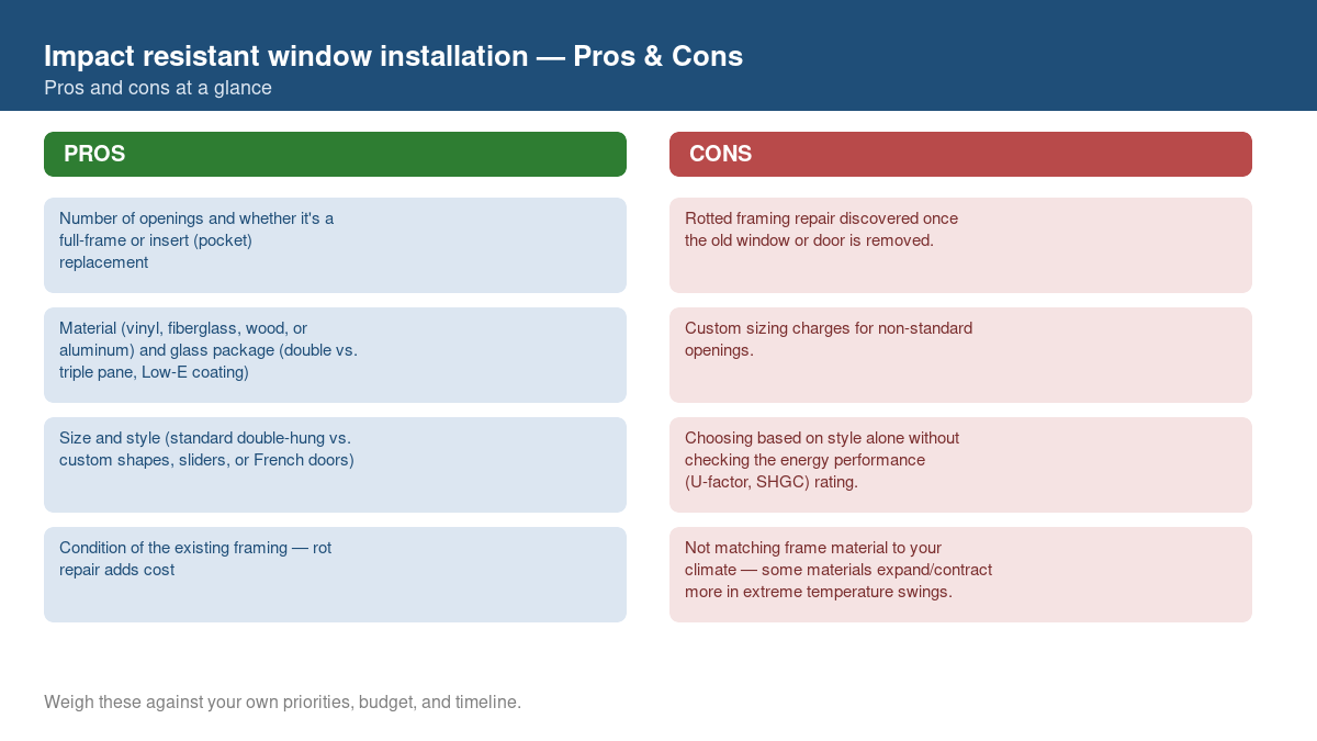 Pros and cons comparison chart for impact resistant window installation