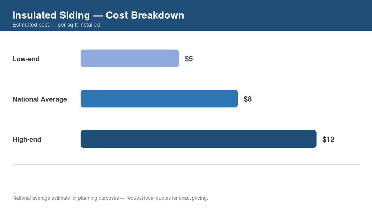 Bar chart showing low, average, and high cost estimates for insulated siding in 2026