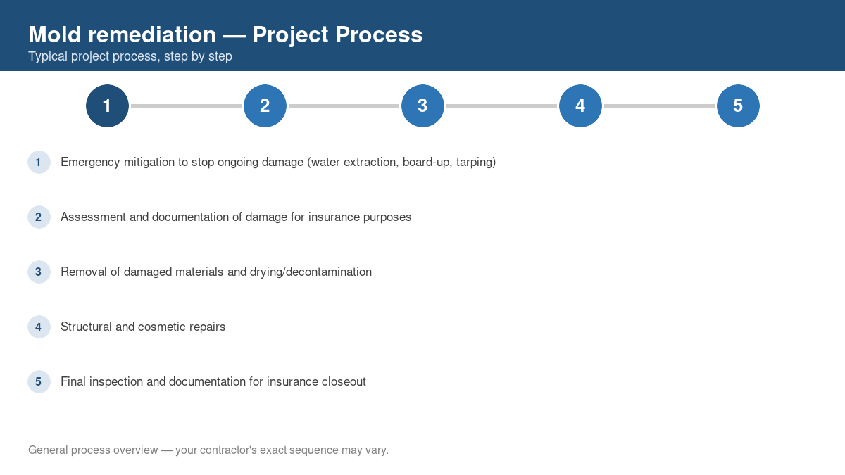 Step-by-step diagram of the typical process for mold remediation