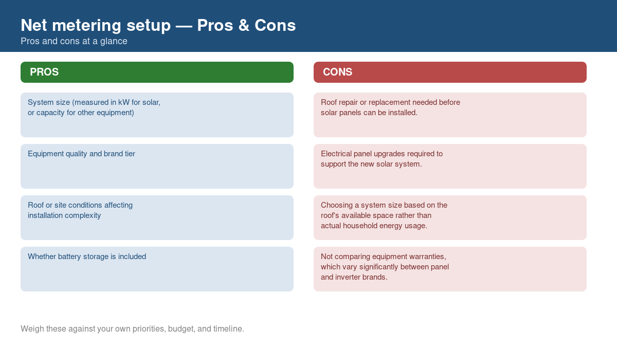 Pros and cons comparison chart for net metering setup