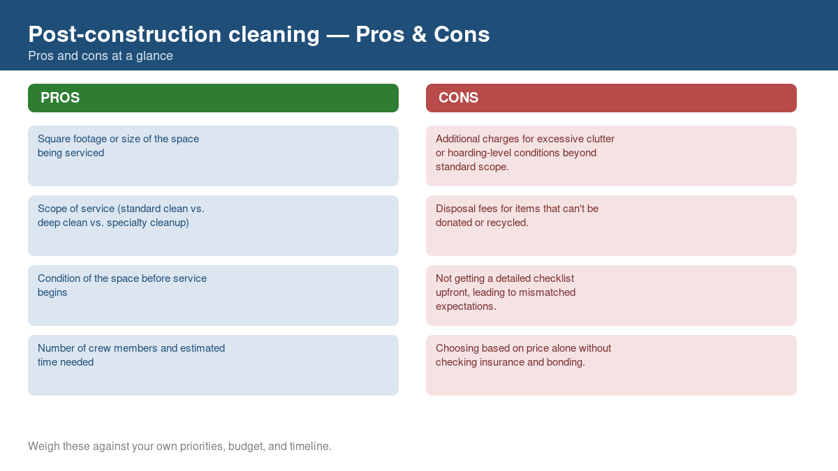 Pros and cons comparison chart for post-construction cleaning