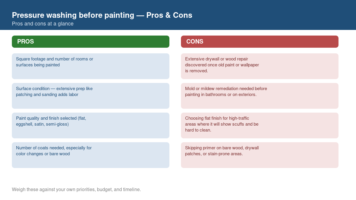 Pros and cons comparison chart for pressure washing before painting