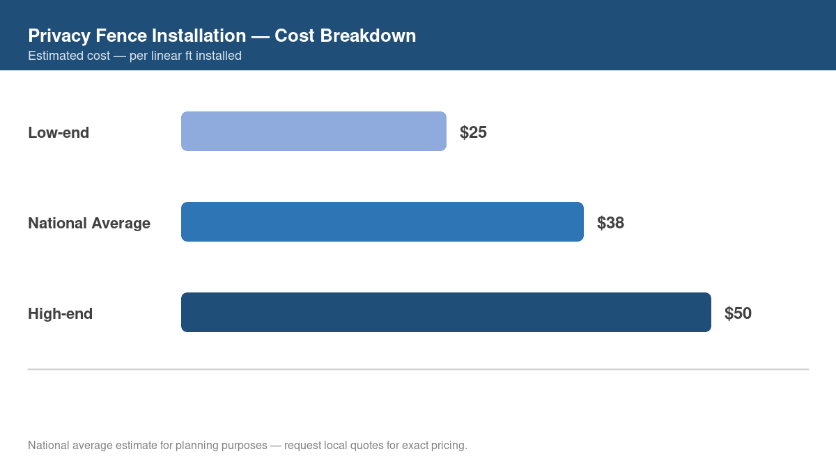 Bar chart showing low, average, and high cost estimates for privacy fence installation in 2026