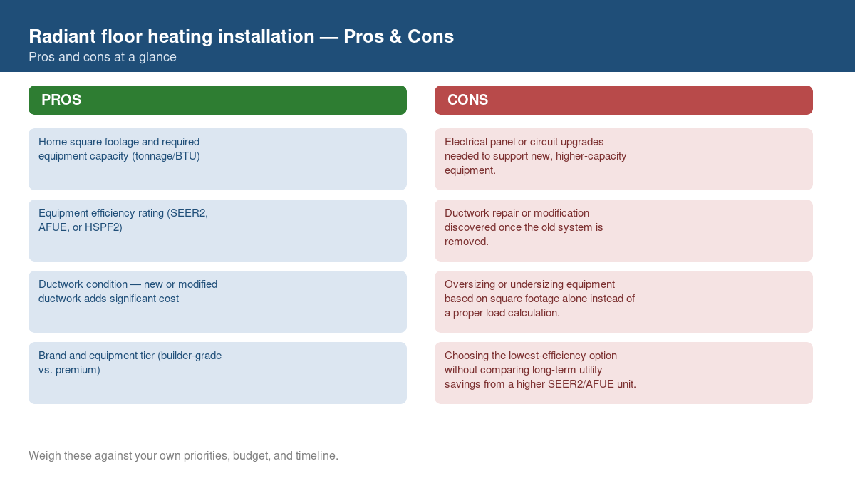 Pros and cons comparison chart for radiant floor heating installation
