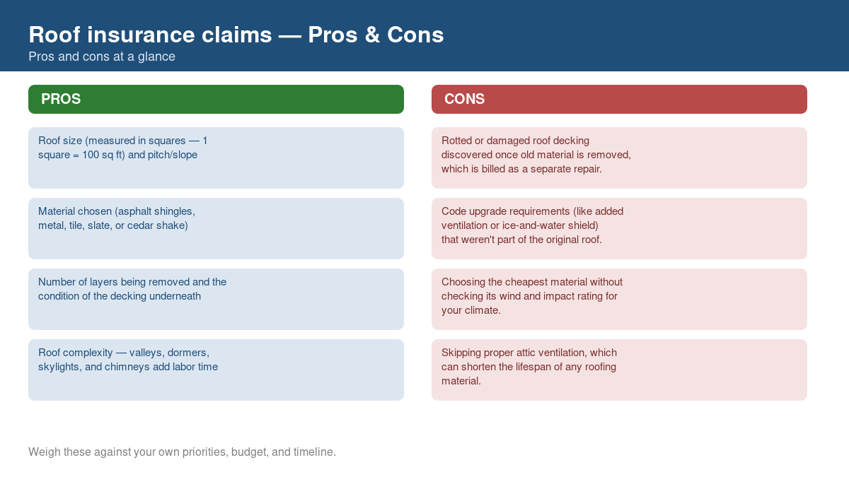 Pros and cons comparison chart for roof insurance claims
