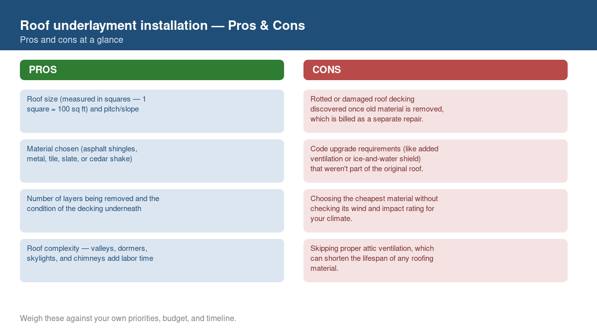 Pros and cons comparison chart for roof underlayment installation