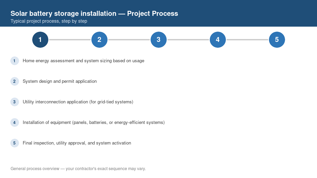 Step-by-step diagram of the typical process for solar battery storage installation
