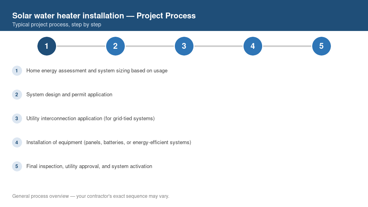 Step-by-step diagram of the typical process for solar water heater installation
