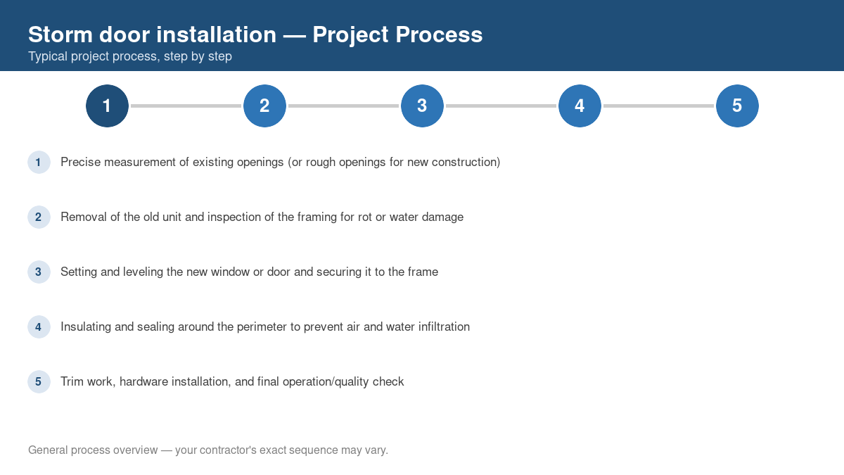 Step-by-step diagram of the typical process for storm door installation
