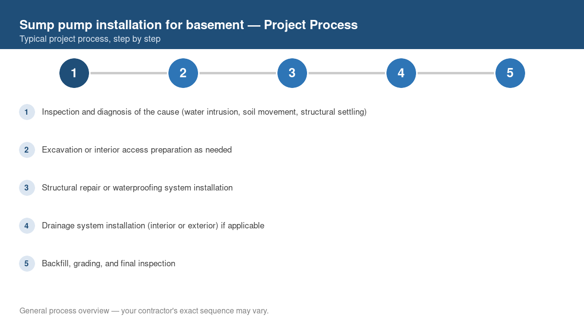 Step-by-step diagram of the typical process for sump pump installation for basement
