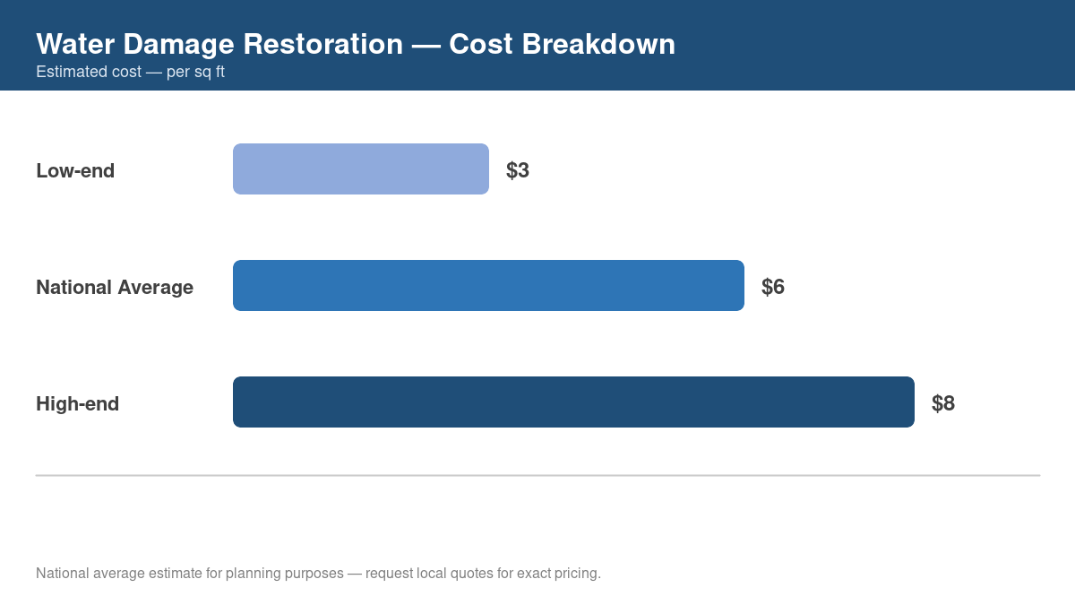 Bar chart showing low, average, and high cost estimates for water damage restoration in 2026
