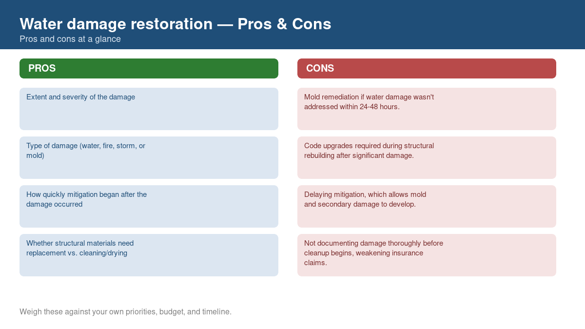Pros and cons comparison chart for water damage restoration