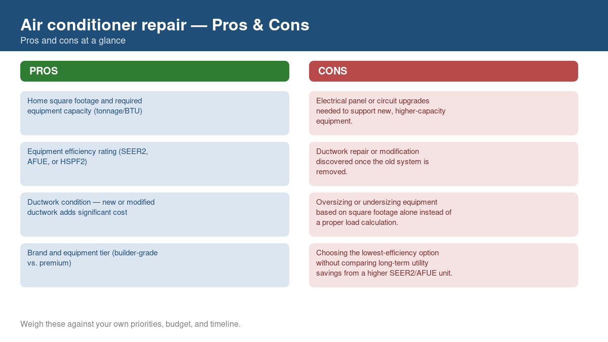 Pros and cons comparison chart for air conditioner repair