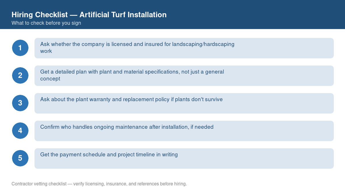 Numbered checklist of questions to ask before hiring a contractor for artificial turf installation
