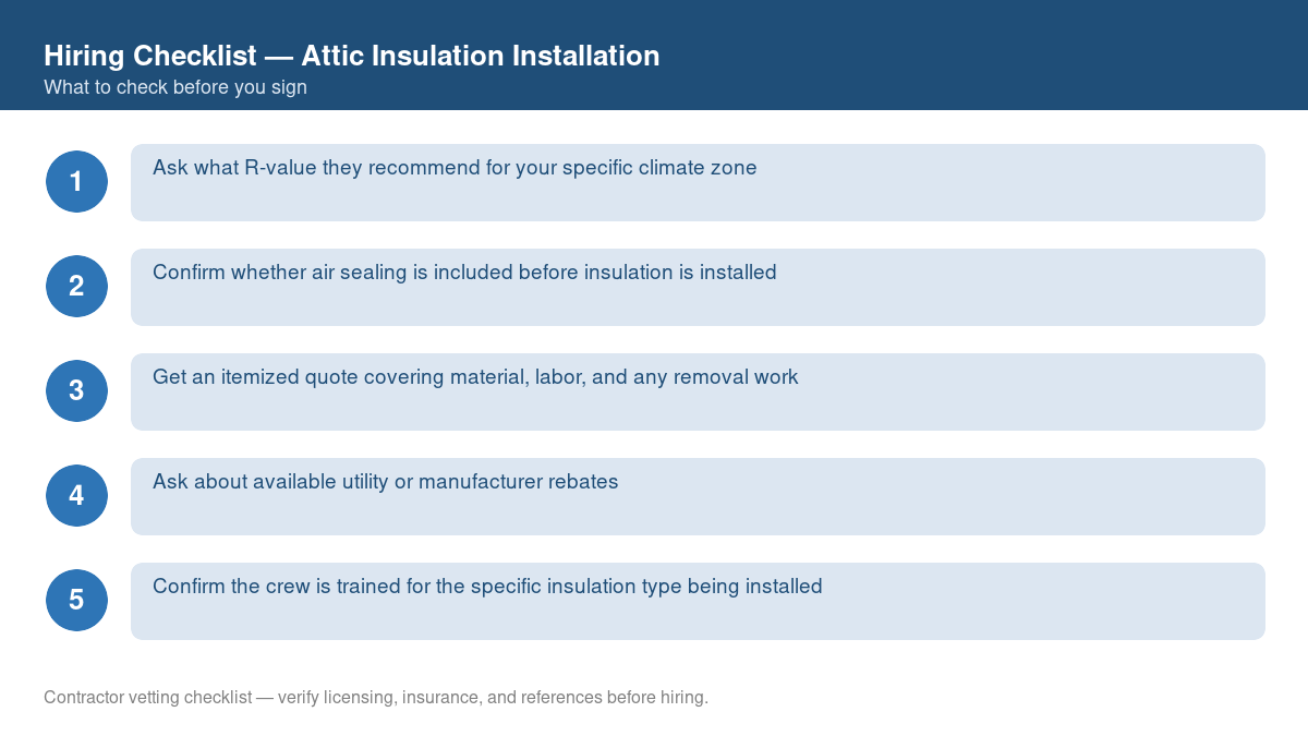 Numbered checklist of questions to ask before hiring a contractor for attic insulation installation