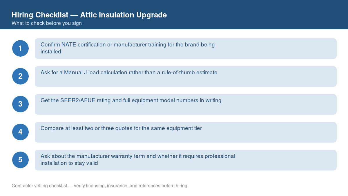 Numbered checklist of questions to ask before hiring a contractor for attic insulation upgrade