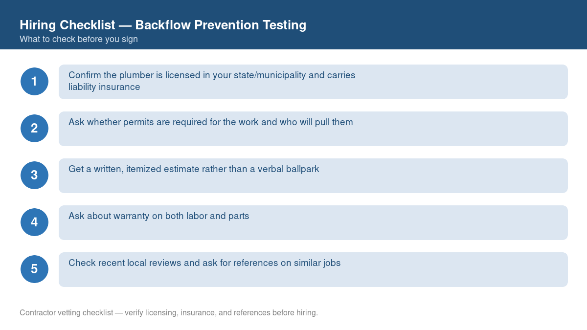 Numbered checklist of questions to ask before hiring a contractor for backflow prevention testing