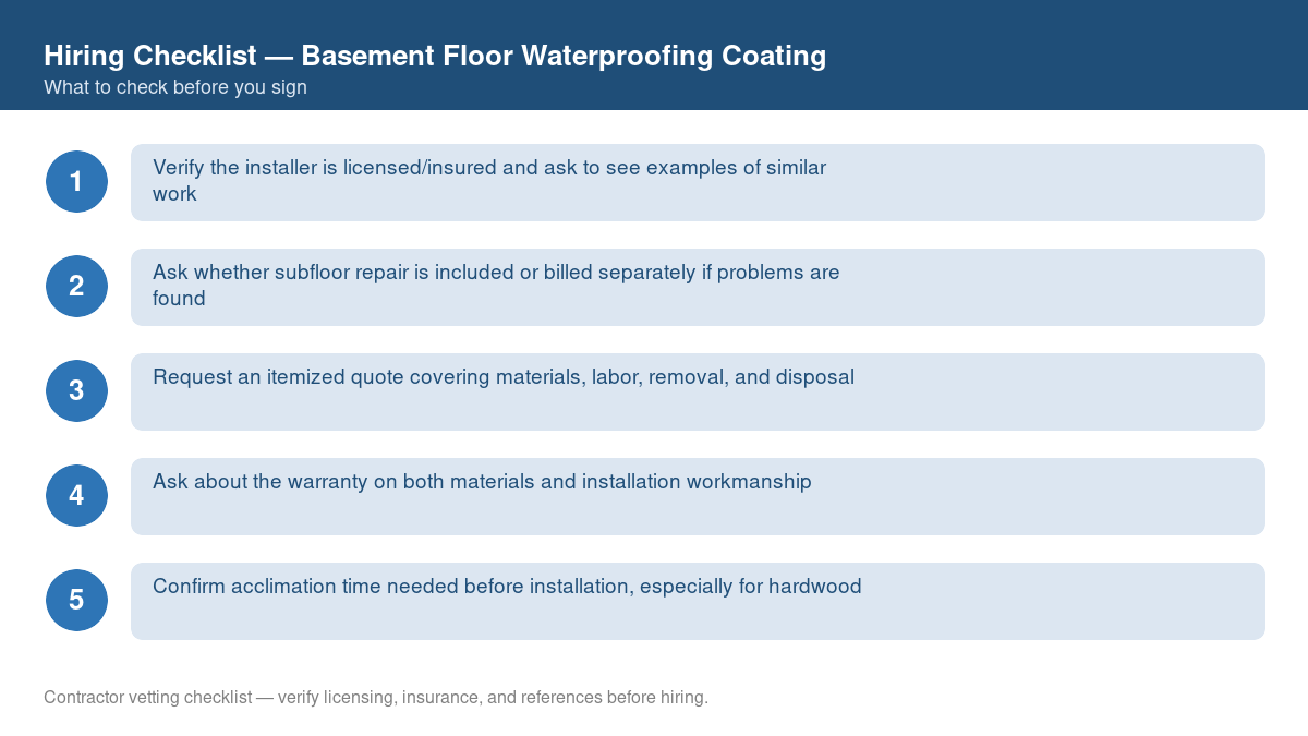 Numbered checklist of questions to ask before hiring a contractor for basement floor waterproofing coating